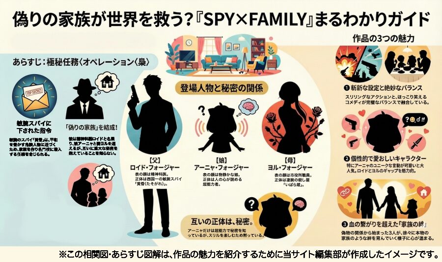 スパイファミリーの人物相関図と、あらすじ、作品の魅力を伝えるインフォグラフィック